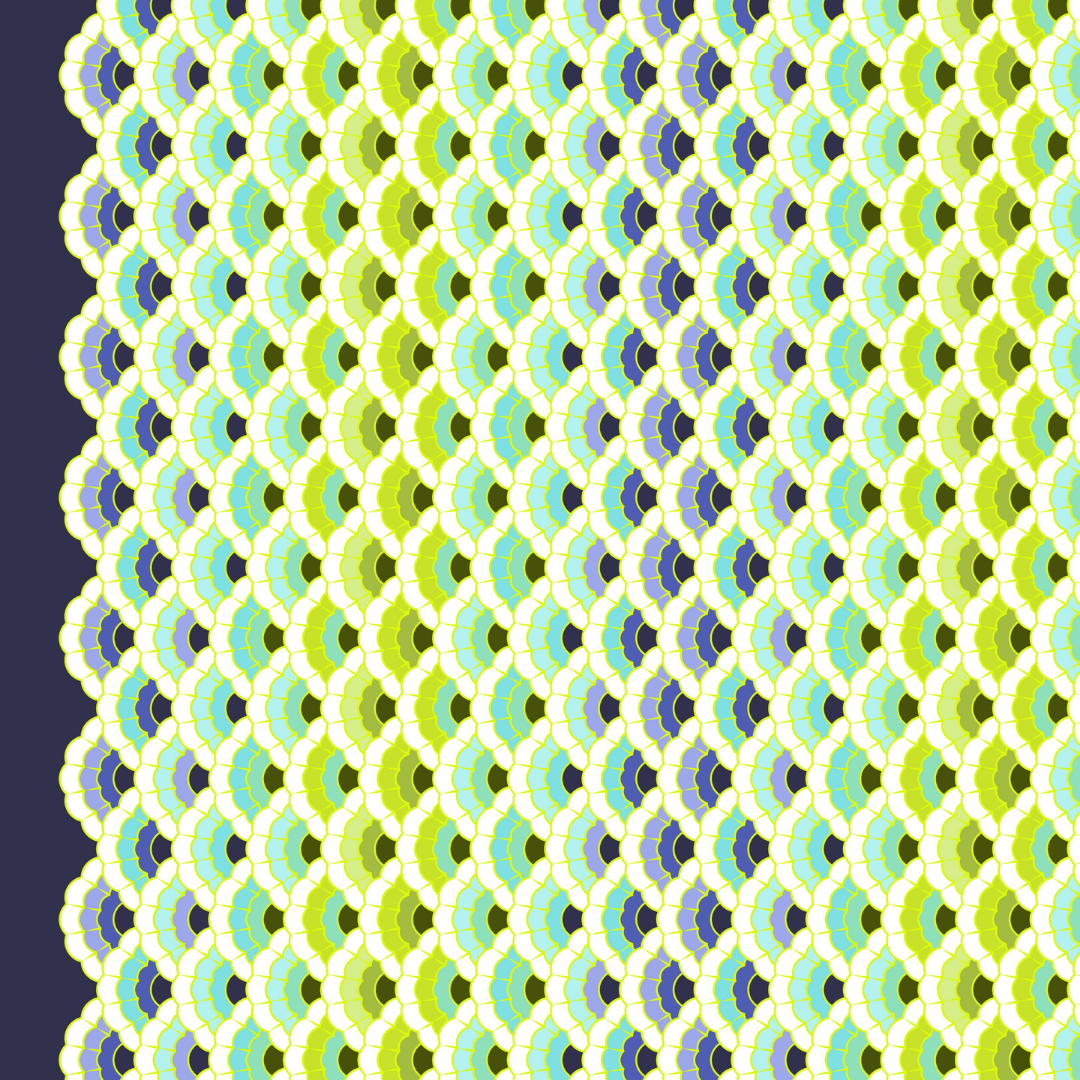 Patterned fabric swatch with geometric design in green, blue, and black on a navy background.