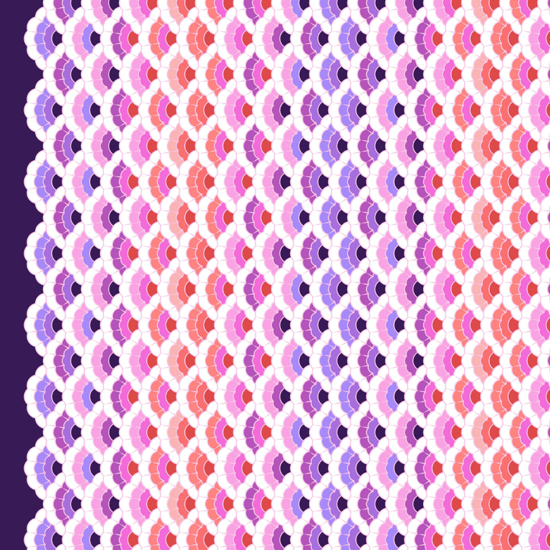 Patterned fabric with geometric design in pink, purple, and red on a white background