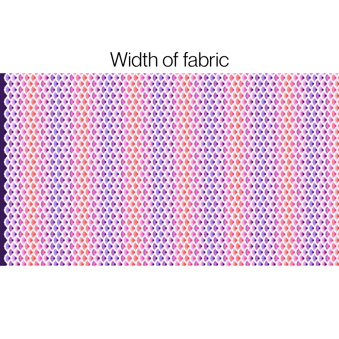 Patterned fabric swatch with text 'Width of fabric' on a white background