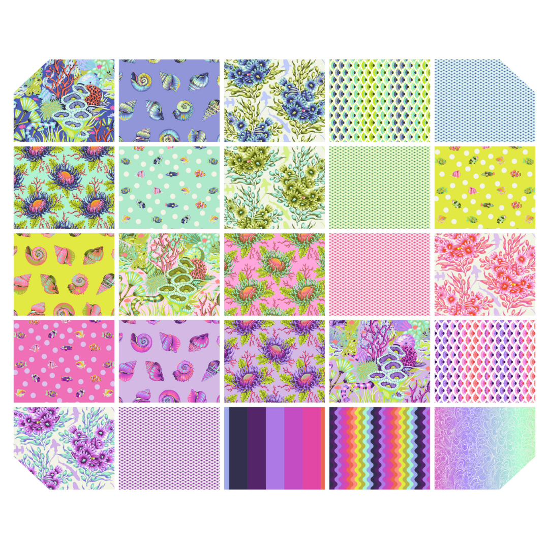 Collection of colorful fabric swatches arranged in a grid.