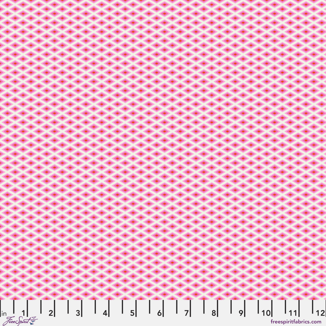 Pink fabric with a small geometric pattern, measured in inches.