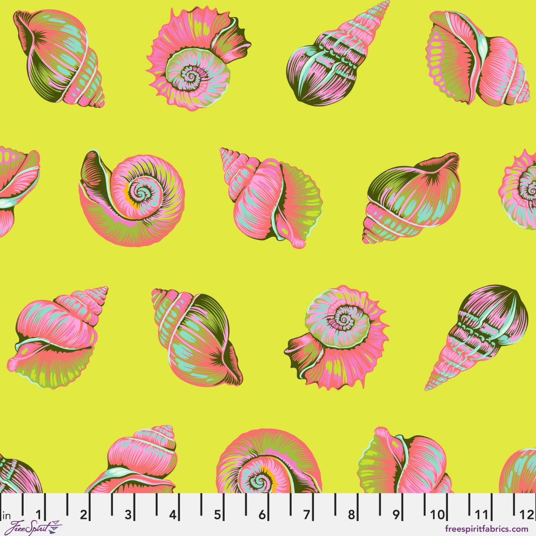Colorful shell pattern on a yellow background with a fabric swatch at the bottom.