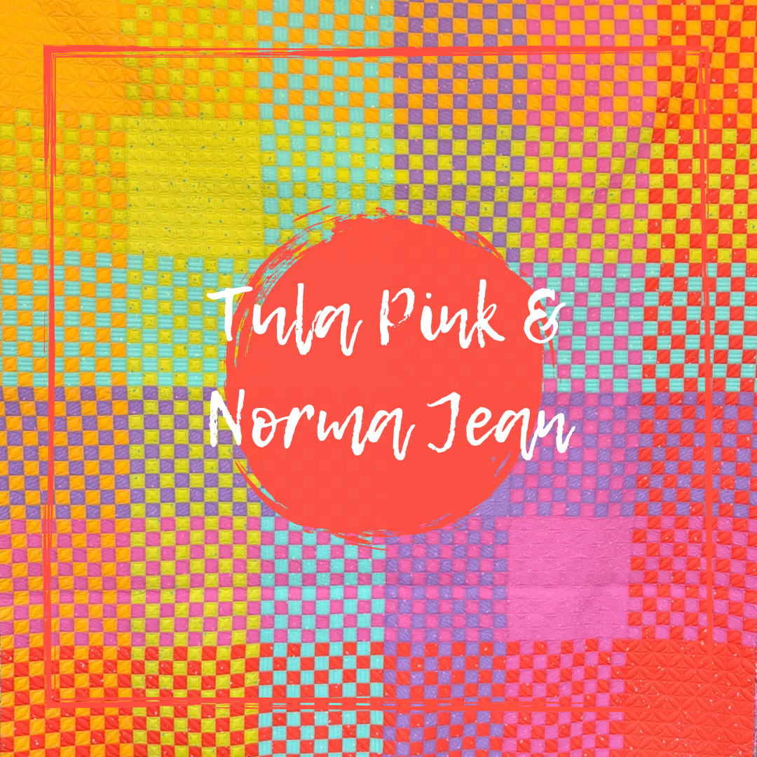 Colorful geometric pattern with 'Tula Pink & Norma Jean' text in the center.