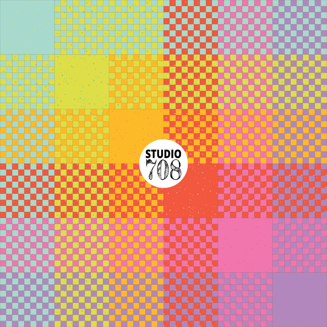 Colorful patterned background with 'Studio 708' logo in the center
