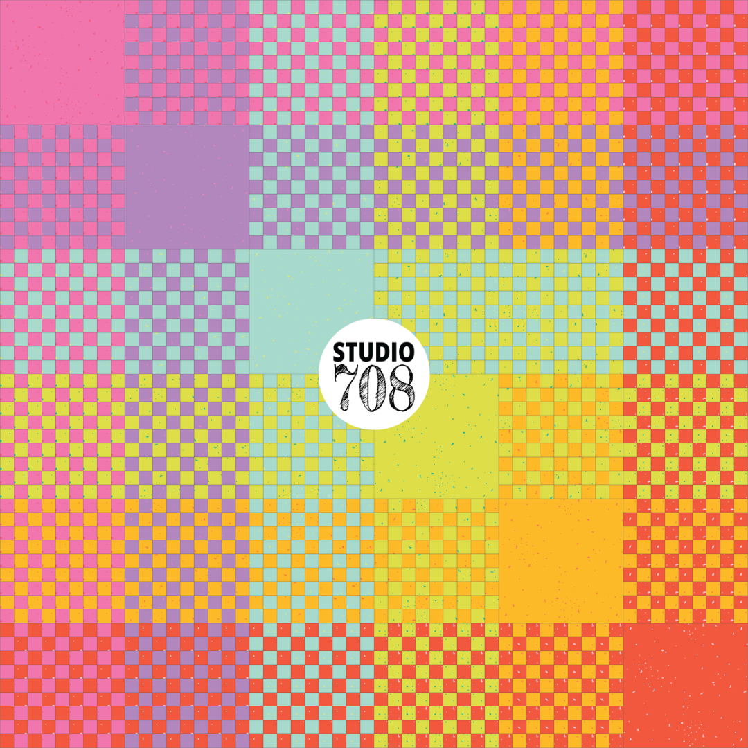 Colorful checkered pattern with 'Studio 708' logo in the center.