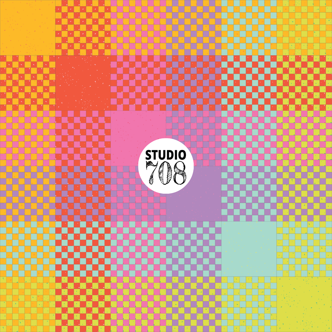 Colorful checkered pattern with a 'Studio 708' logo in the center.