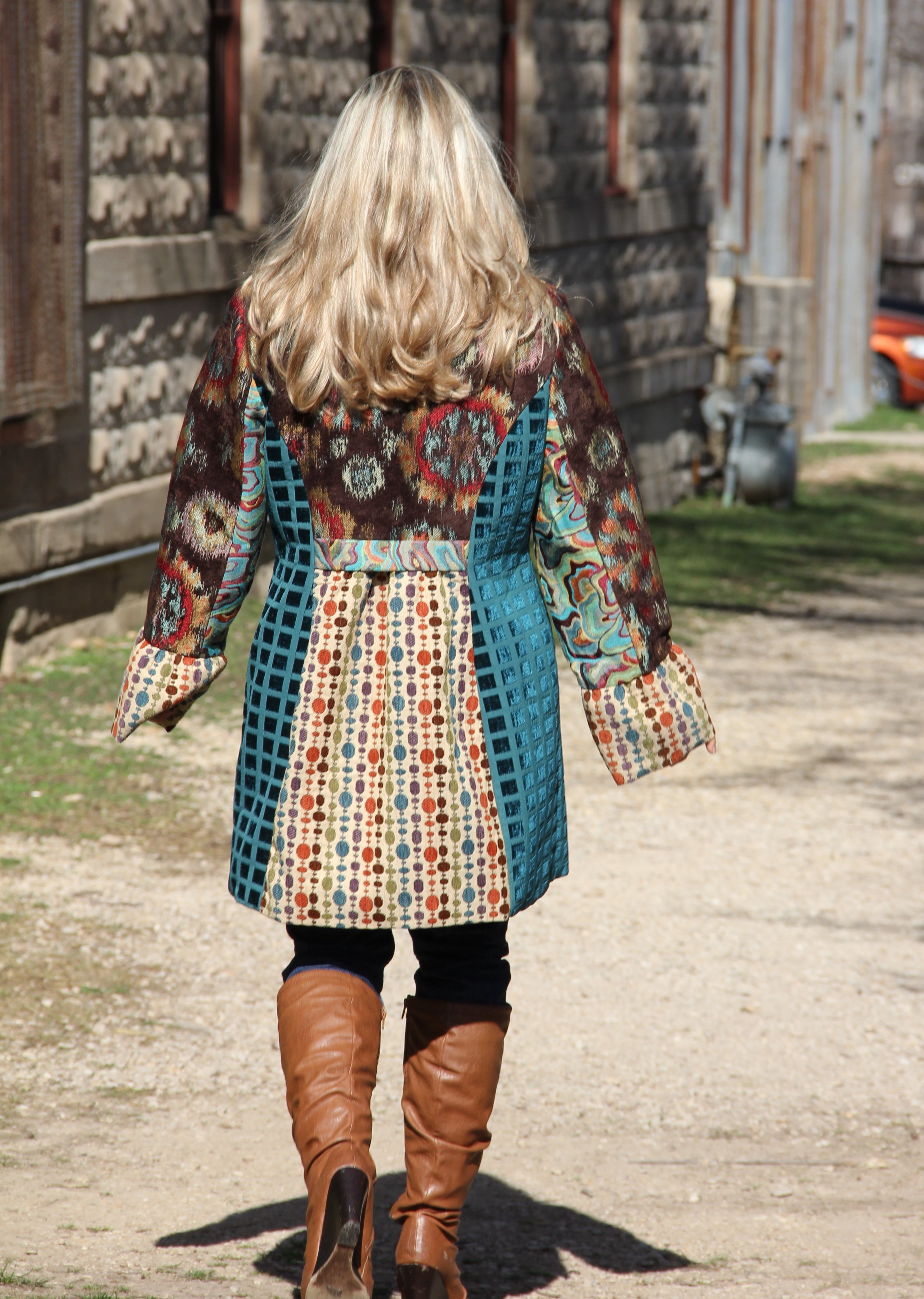 Teal and Rust Long Jacket - Model showing the back