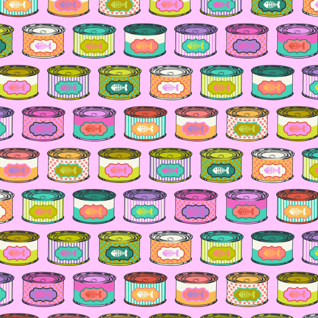 pink striped cat with colorful cans of cat food