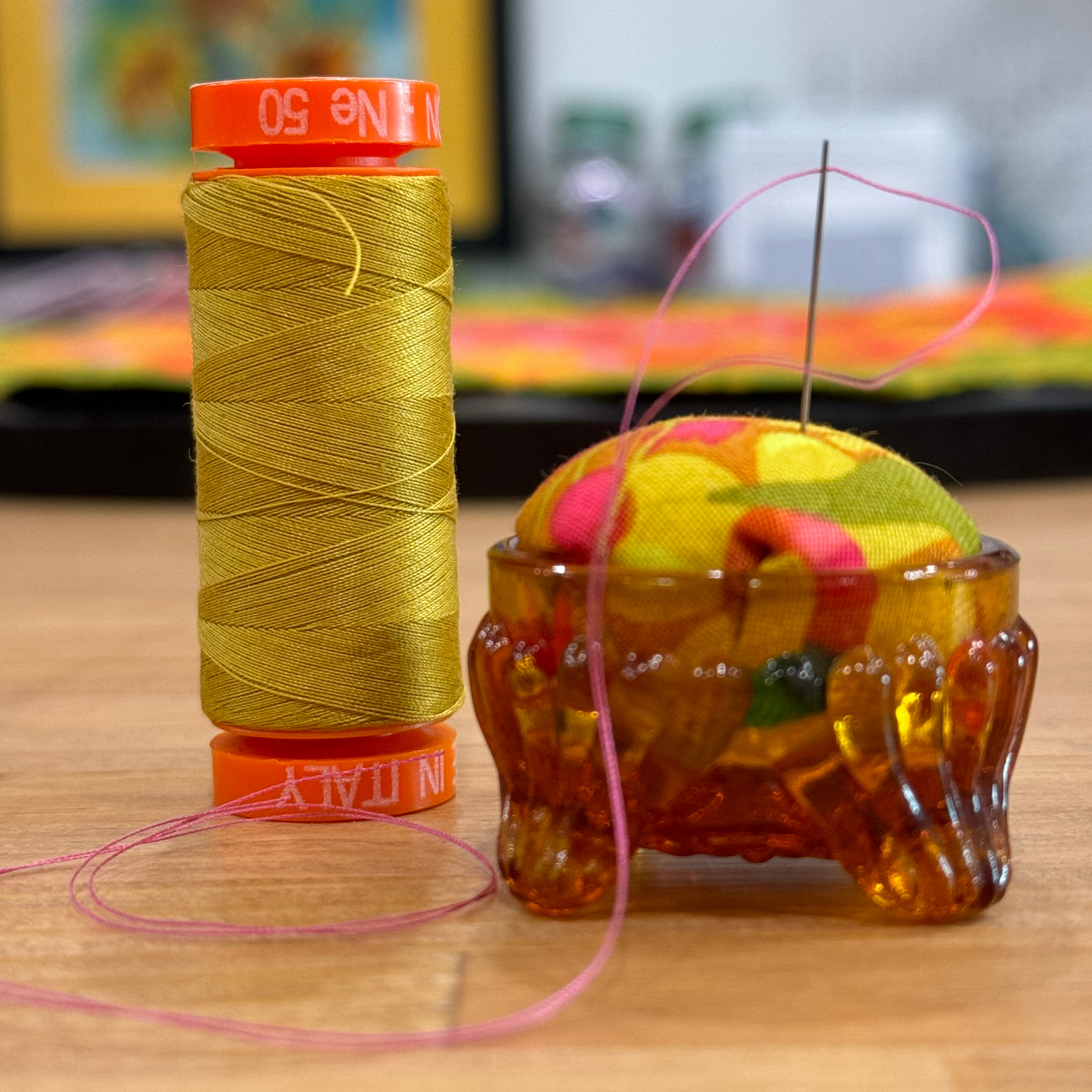 Mustard Floral Pincushion in Amber
