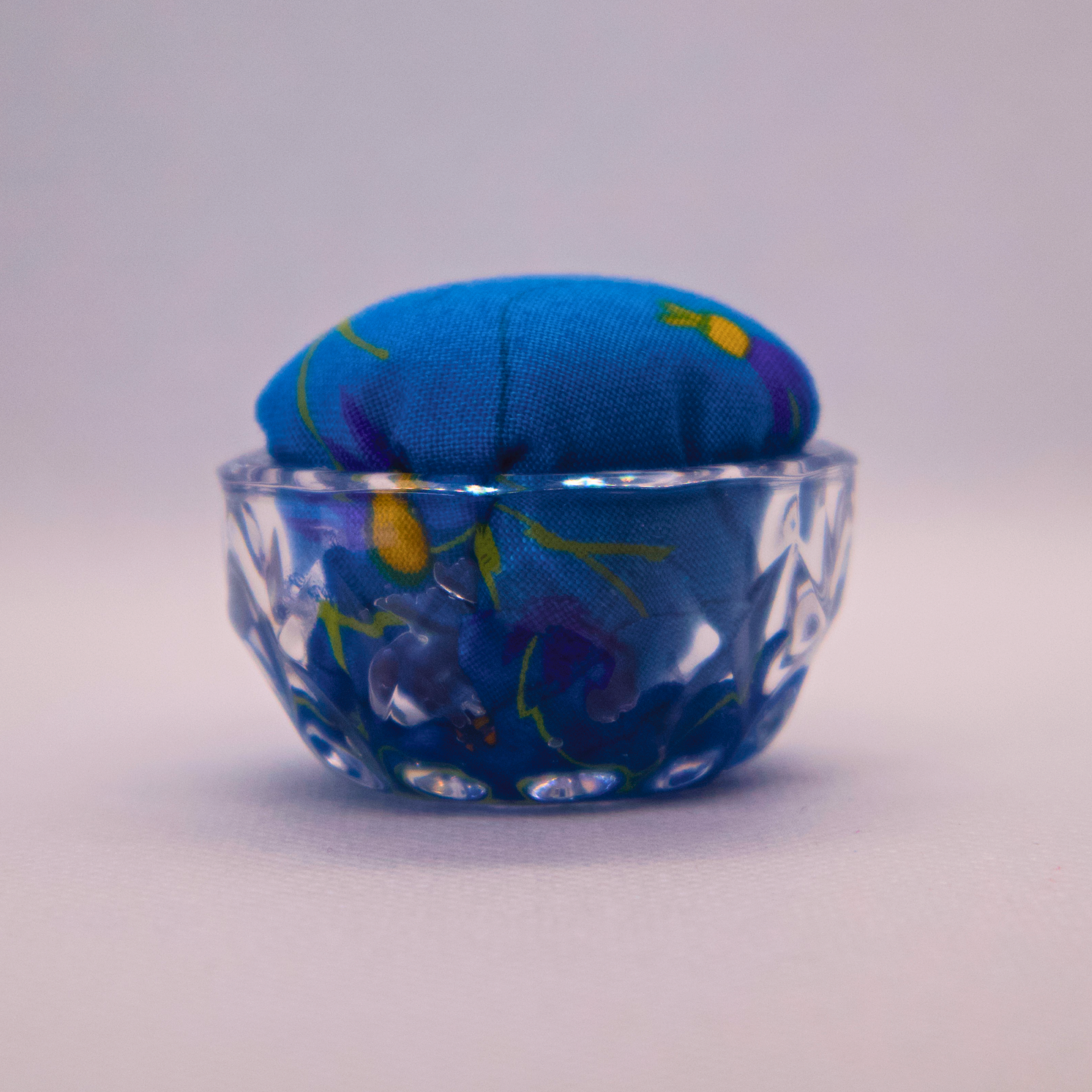 Blue Floral Pincushion in Clear Round