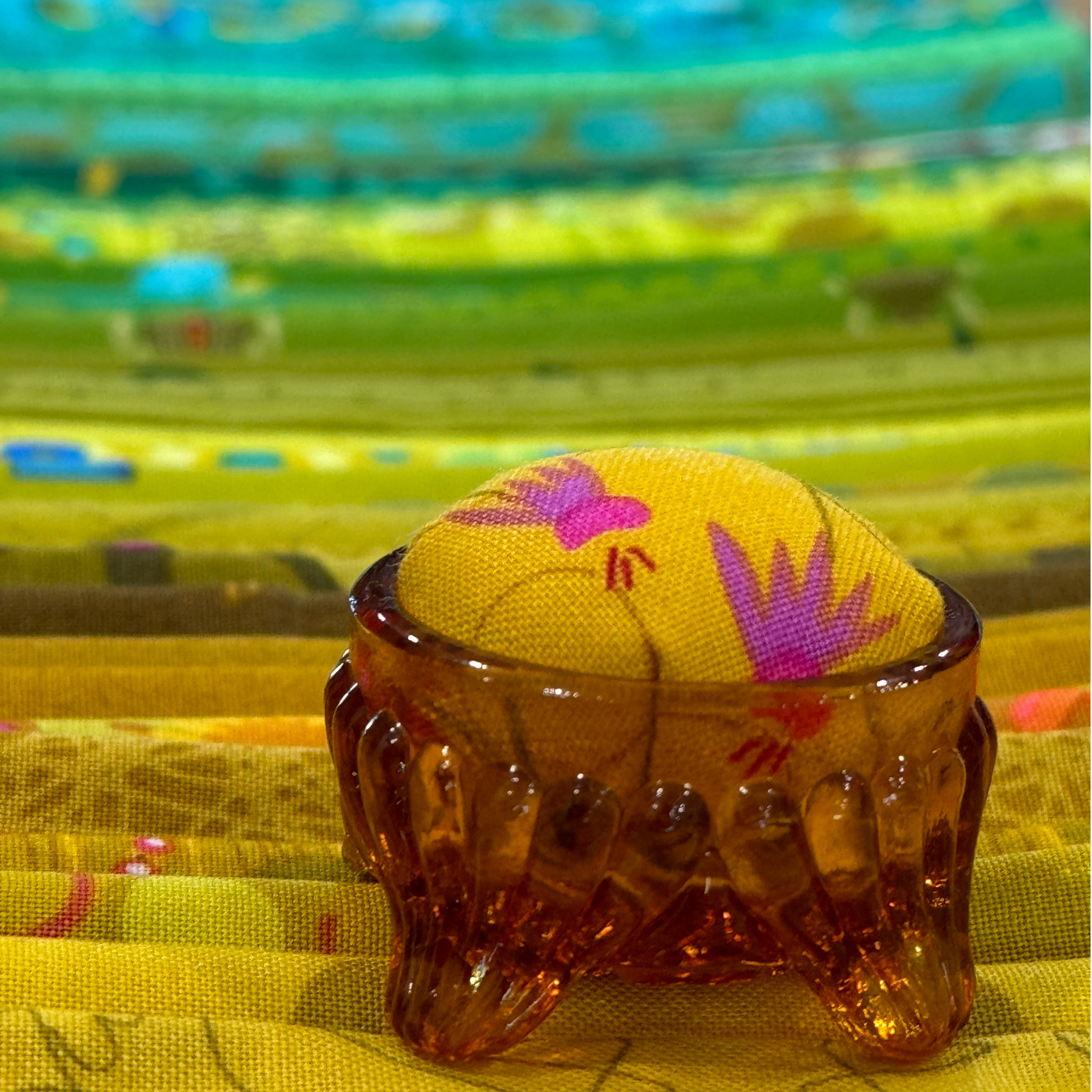 Yellow Floral Pincushion in Amber