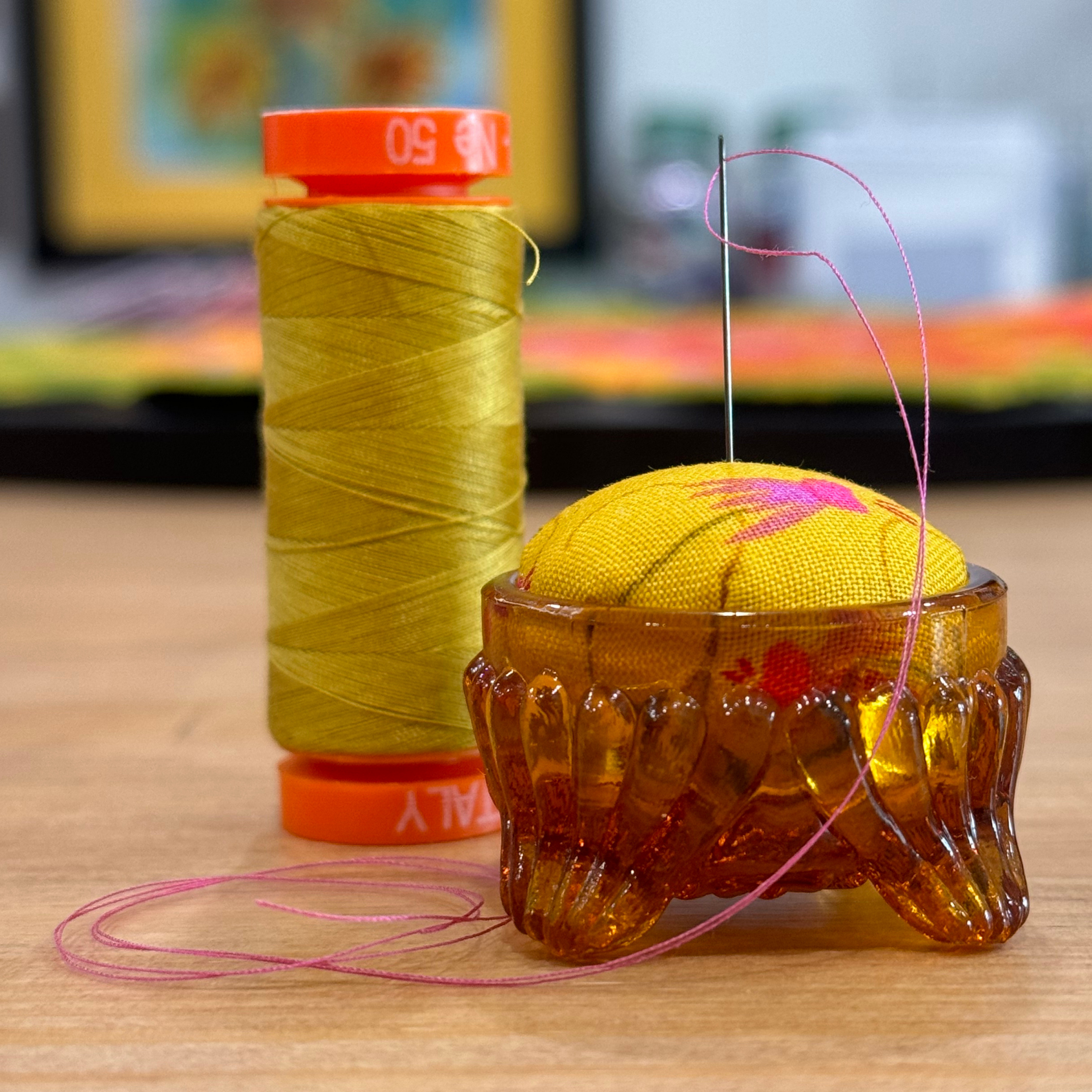 Yellow Floral Pincushion in Amber