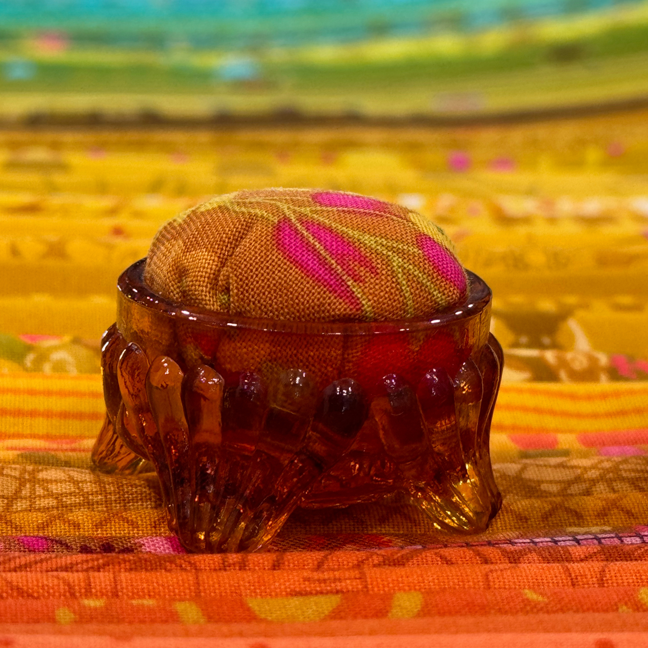 Mustard Floral Pincushion in Amber