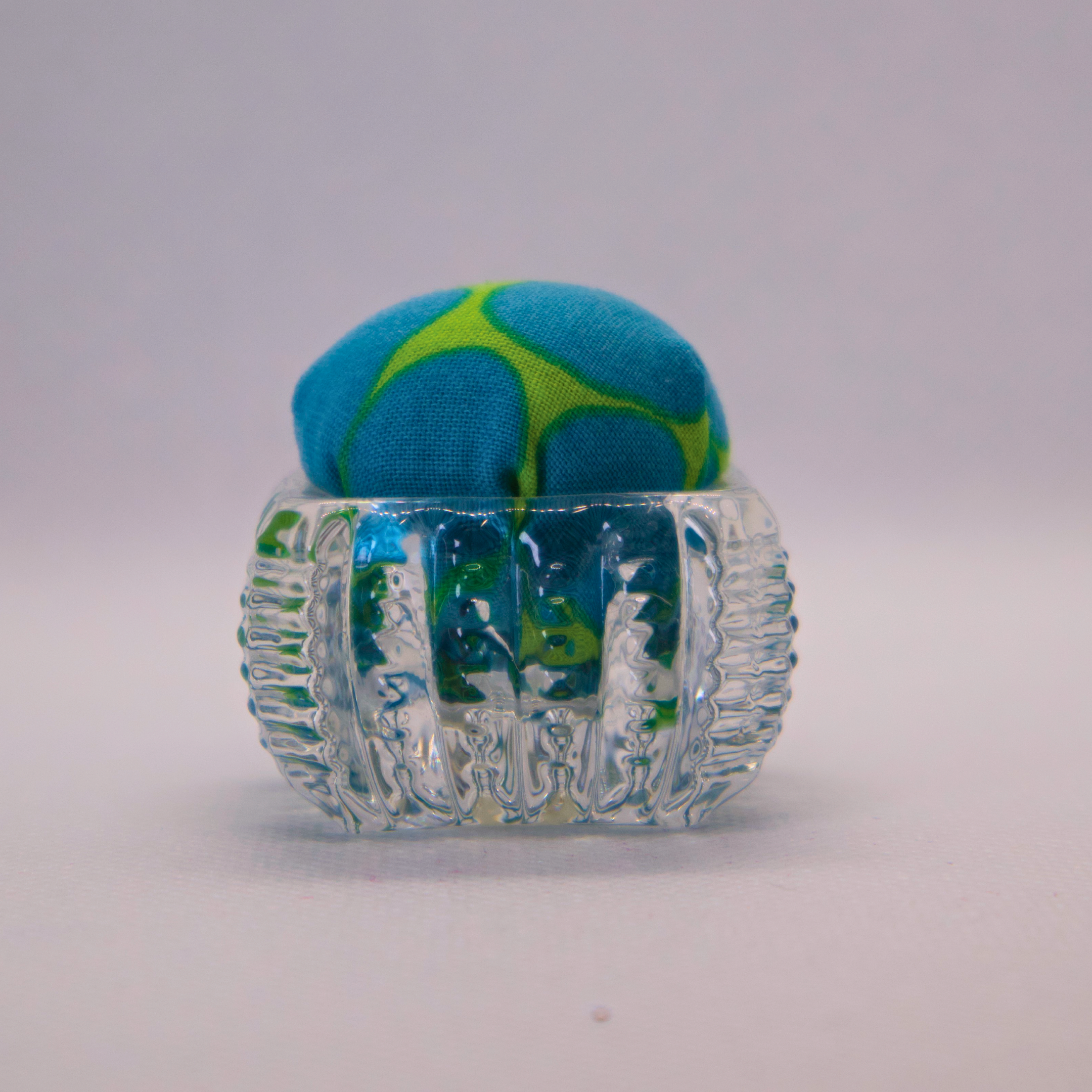 Jumble Blue/Green Dots Pincushion in Clear Square