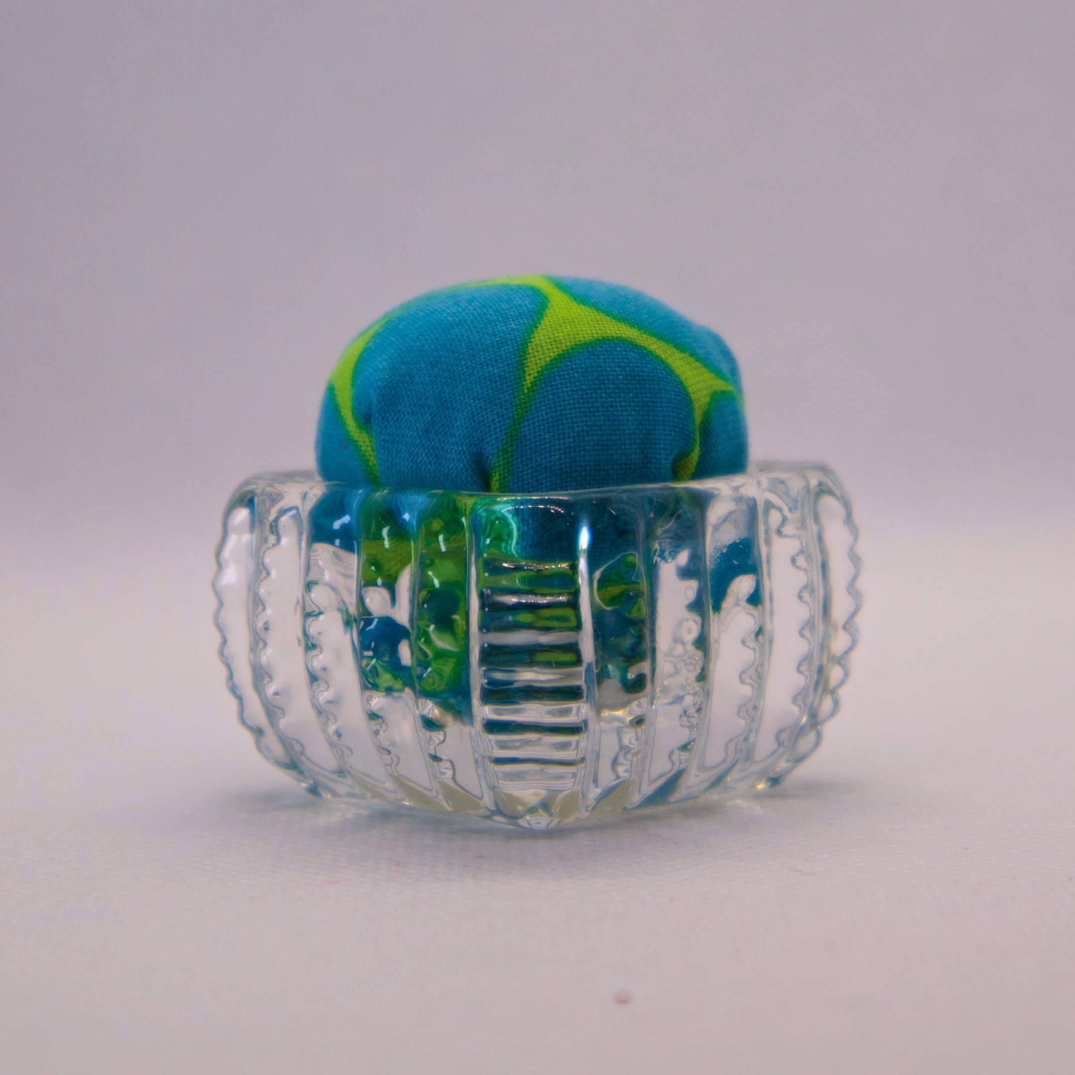 Jumble Blue/Green Dots Pincushion in Clear Square