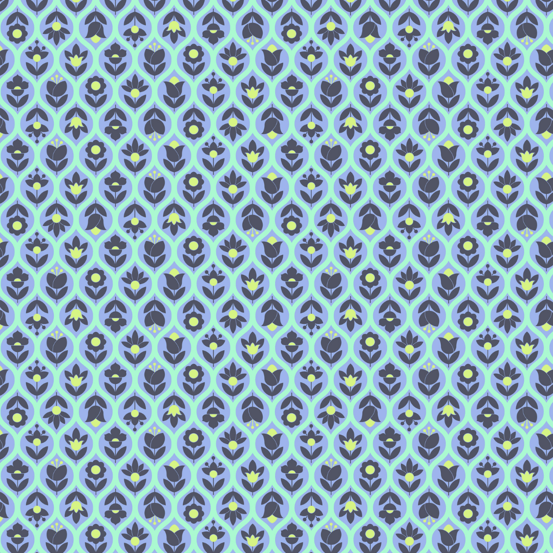 Fabric Swatch with a small-scale floral trellis print with deep charcoal blooms, soft periwinkle blue, minty aqua, and little pops of bright chartreuse.
