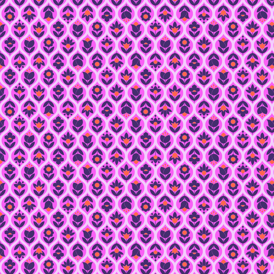a bold little floral print with dark purple blooms tucked inside a bright pink trellis design.