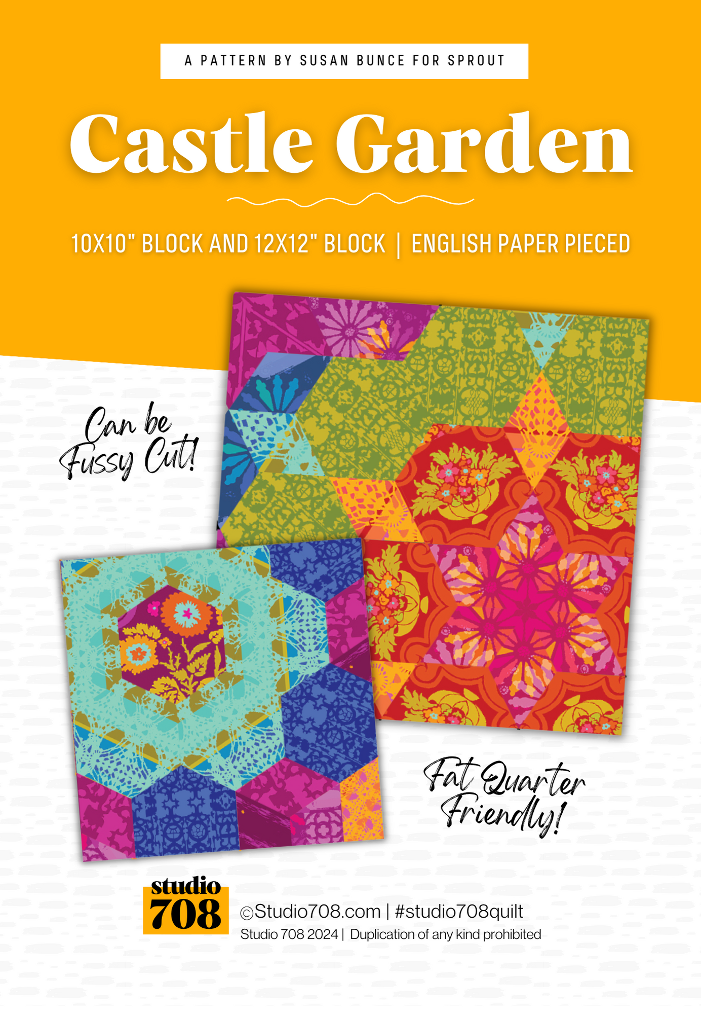 Picture of 2 english paper pieced blocks as the cover for the Castle Garden Quilt pattern