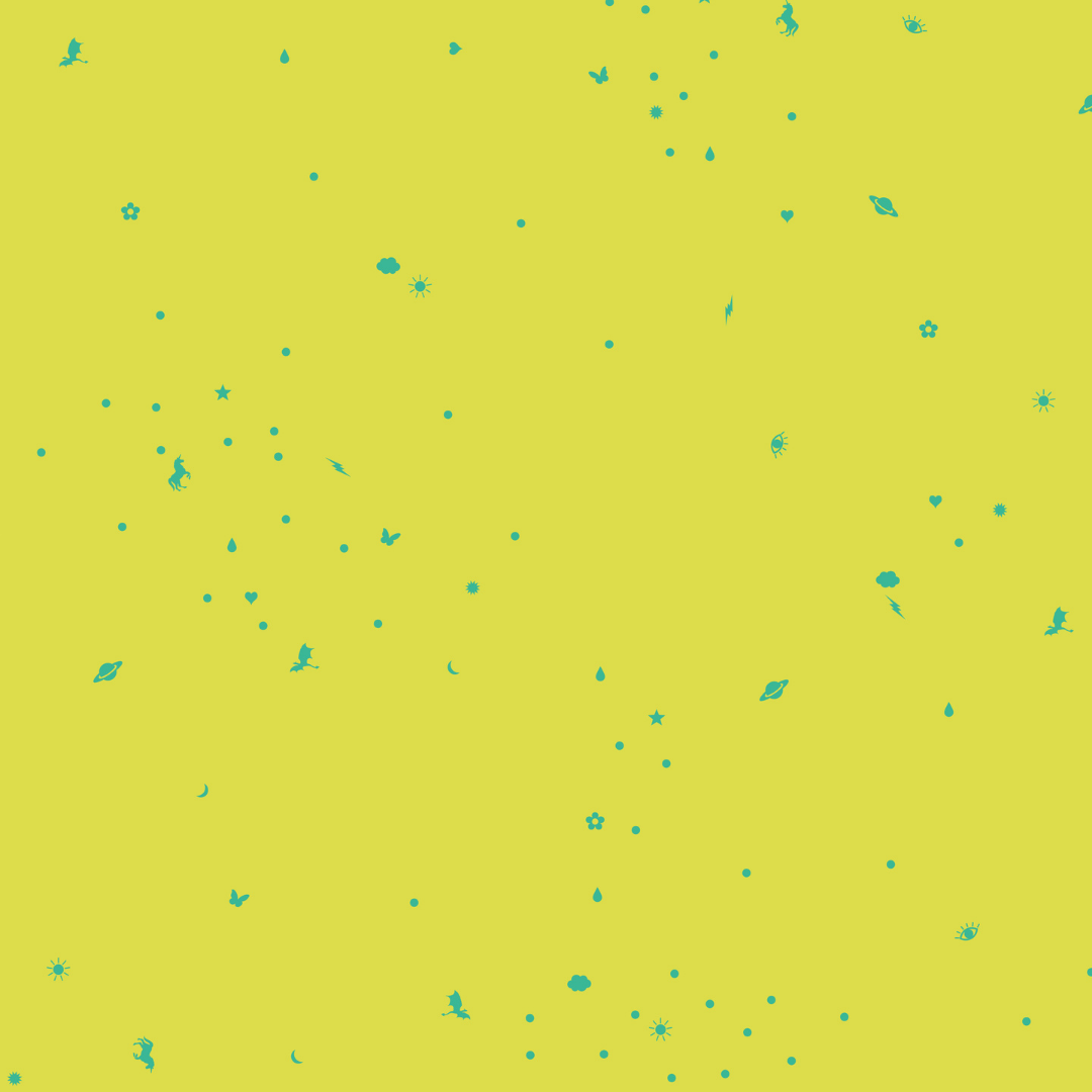 green fabric with teal designs.