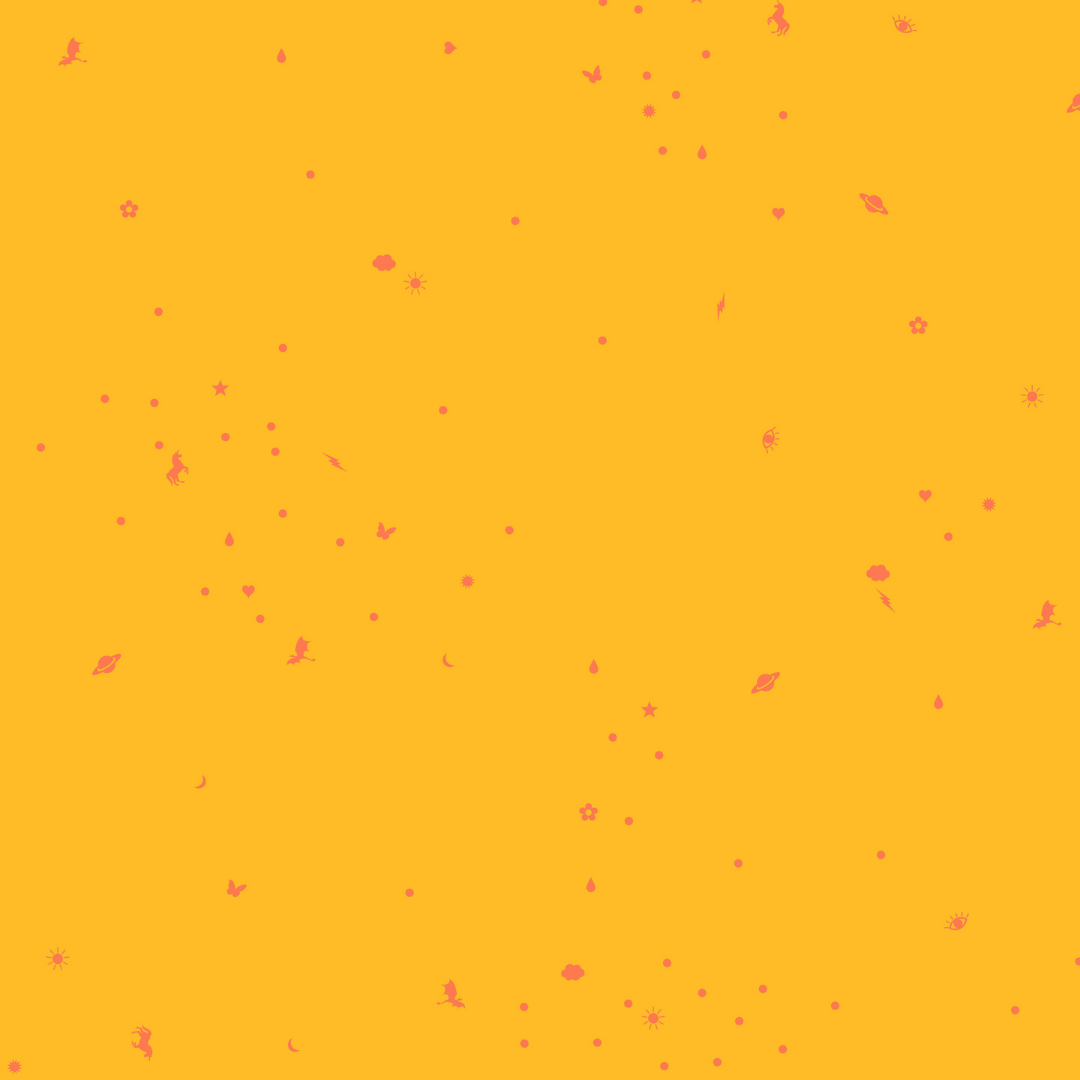 fabric swatch with a sunny little tossed charm print with tiny coral-pink icons scattered across a golden yellow background.