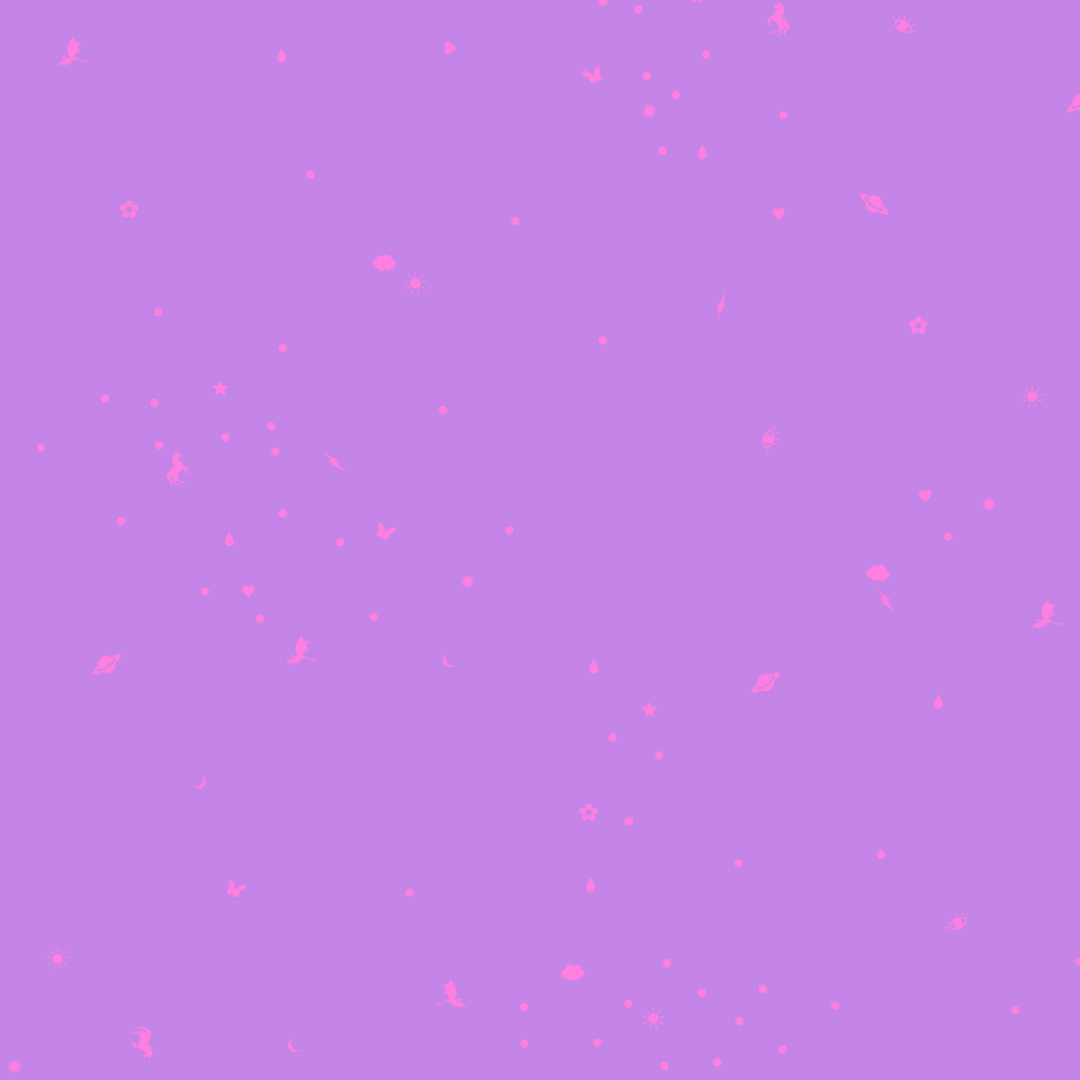 a soft purple tossed charm print with tiny pink icons scattered across the fabric. It has stars, moons, hearts, flowers, butterflies, clouds, bats, planets, unicorns, lightning bolts, and other little magical bits hiding in the design.