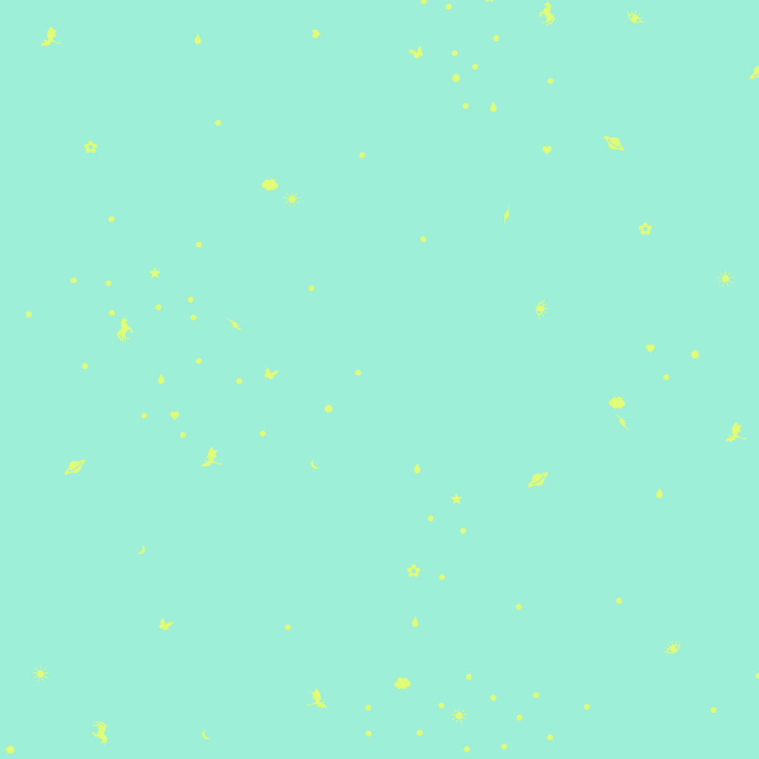tiny tossed charm print with soft yellow icons scattered across a dreamy mint-aqua background