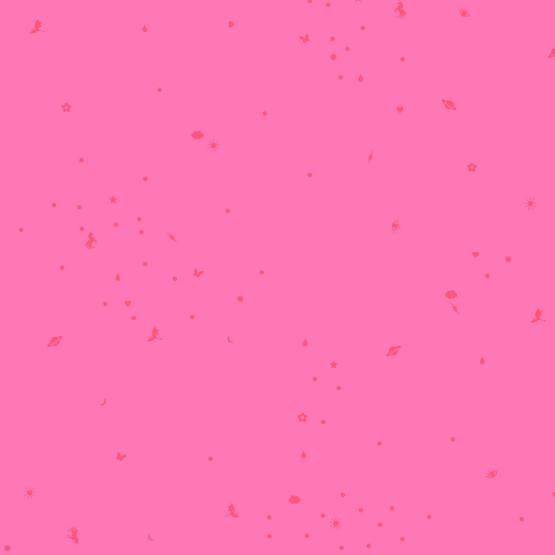 tiny tossed charm print with little magical icons scattered across a bright pink background