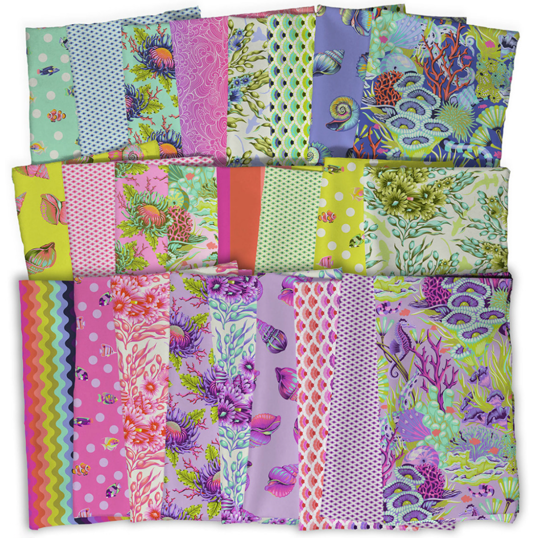 Collection of colorful fabric swatches with various patterns