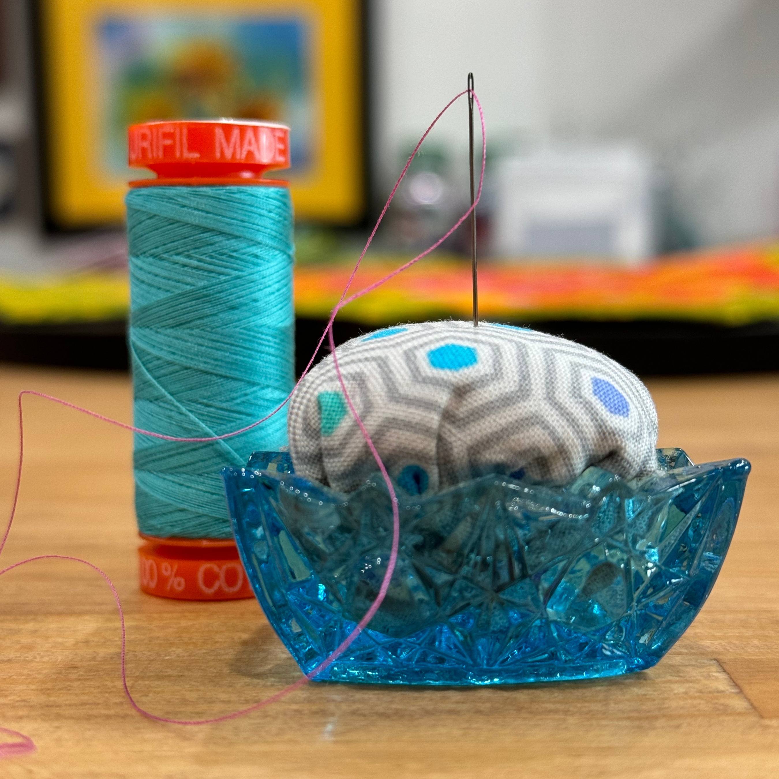 Grey Hexy Pincushion in Blue