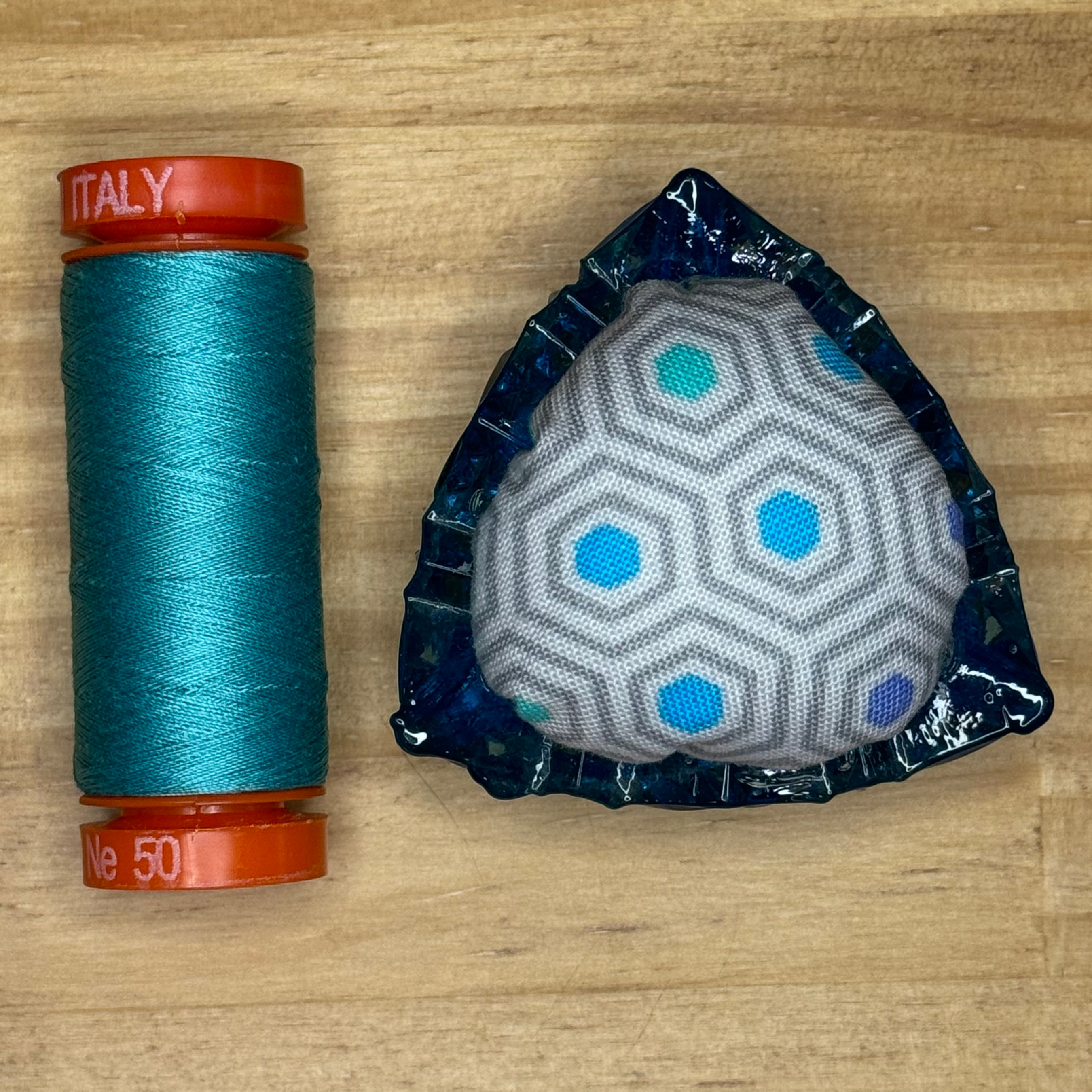 Grey Hexy Pincushion in Blue
