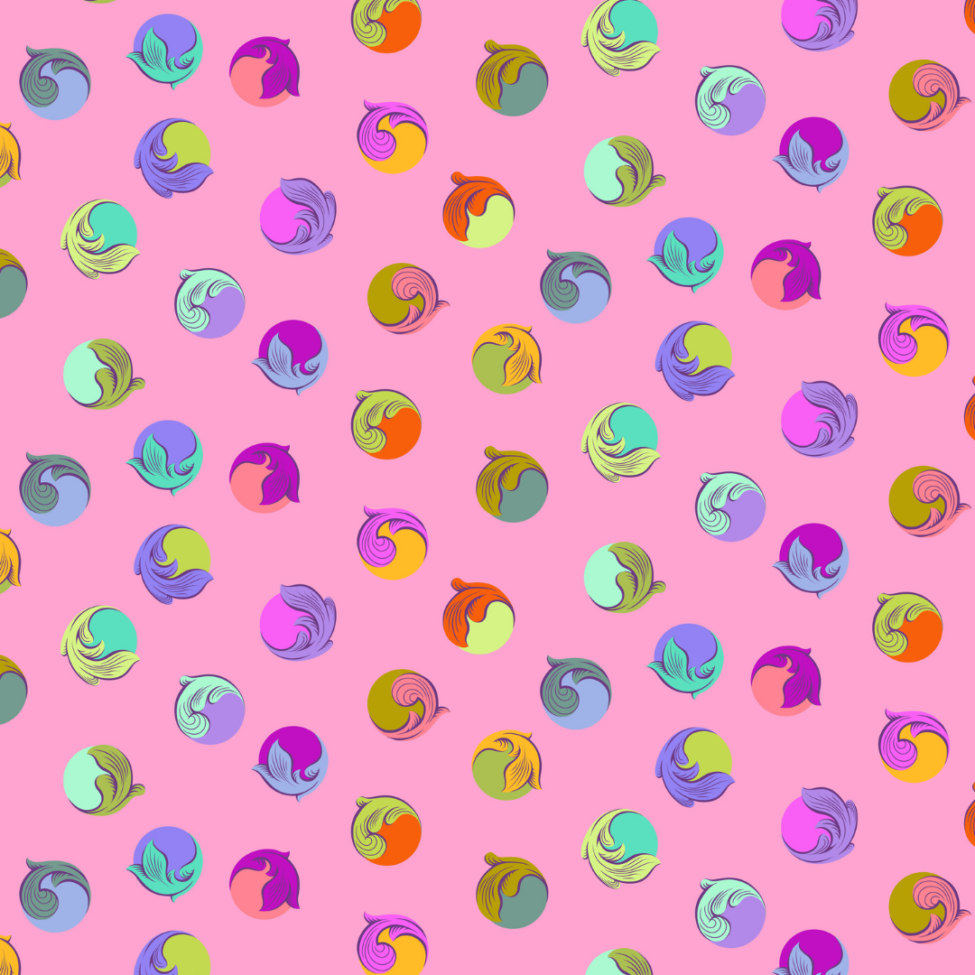 Colorful polka dots with leaf designs on a pink ground