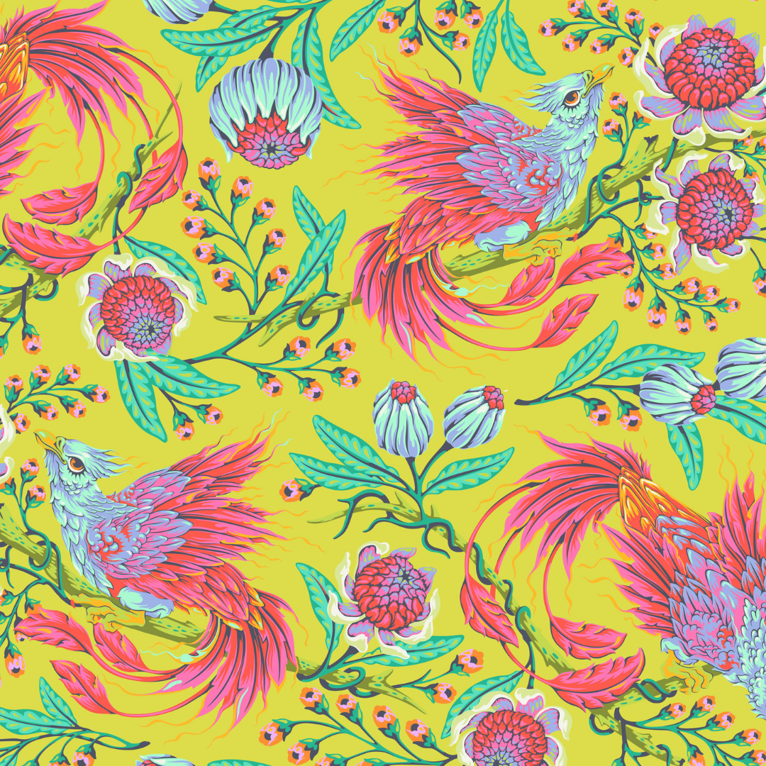 Fabric Swatch with a glorious phoenix print with sweeping pink and coral wings, aqua details, leafy vines, and bold fantasy florals on a bright apple-green background. It is dramatic, colorful, and very much ready to be the main character.