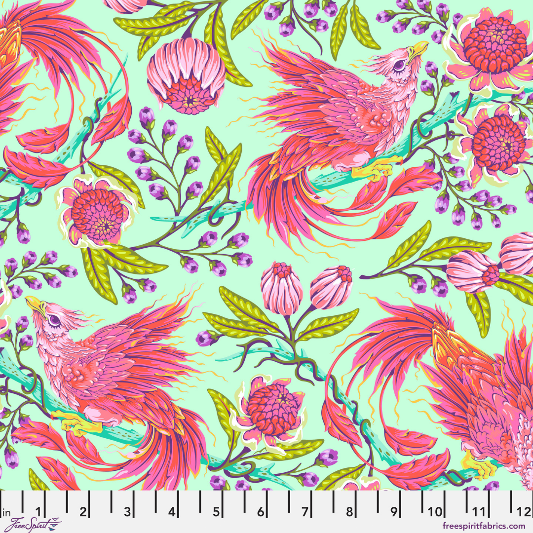 pink and coral phoenix-style birds with swooping tails, bright florals, leafy greens, and little purple pops on a soft minty Stardust background with a ruler at the bottom.