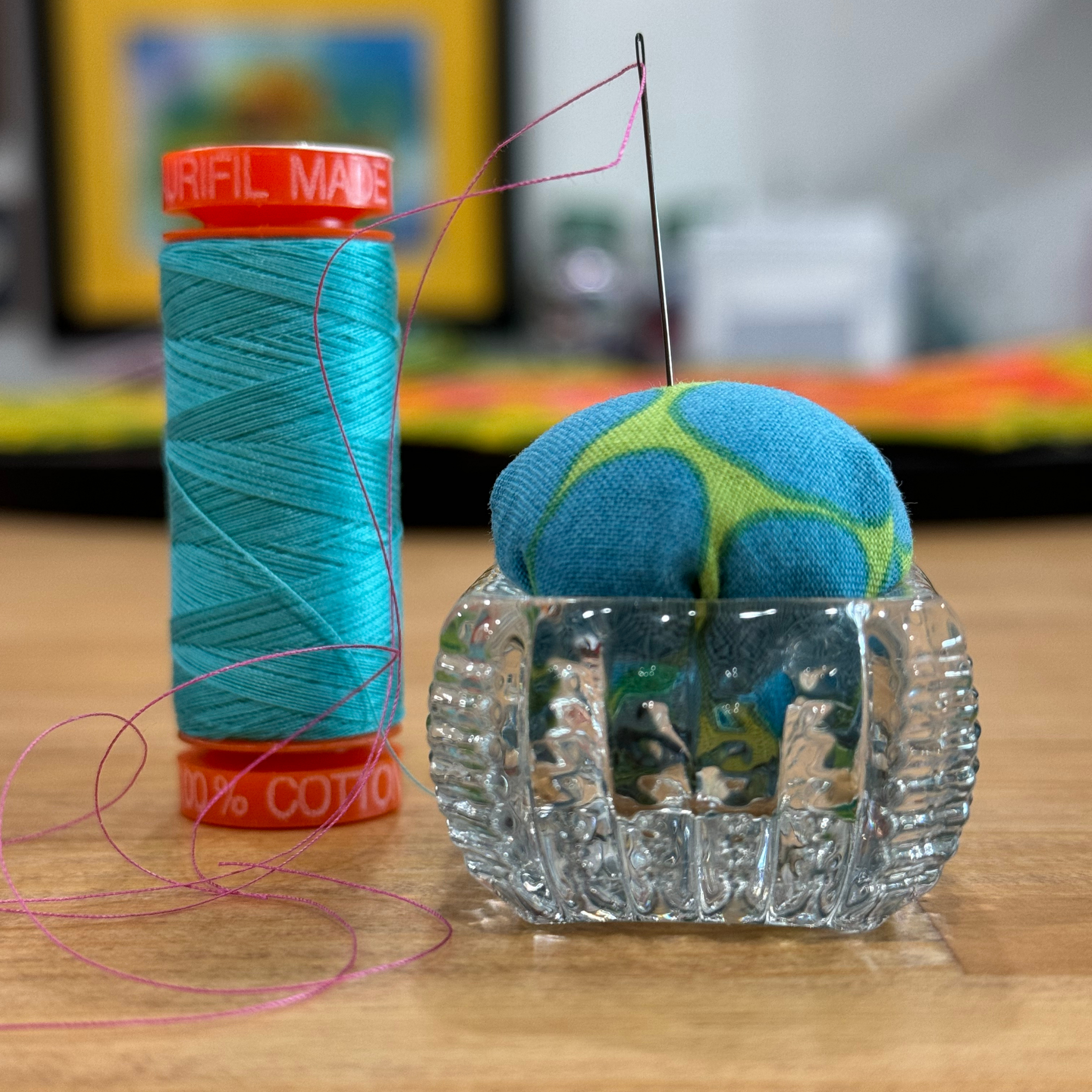 Jumble Blue/Green Dots Pincushion in Clear Square