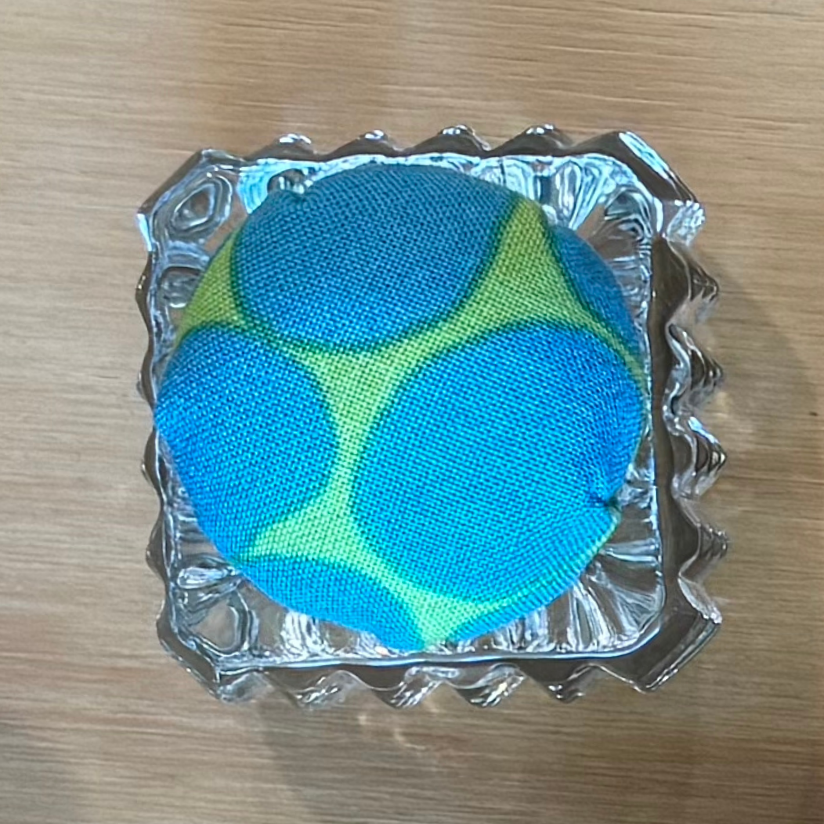 Jumble Blue/Green Dots Pincushion in Clear Square