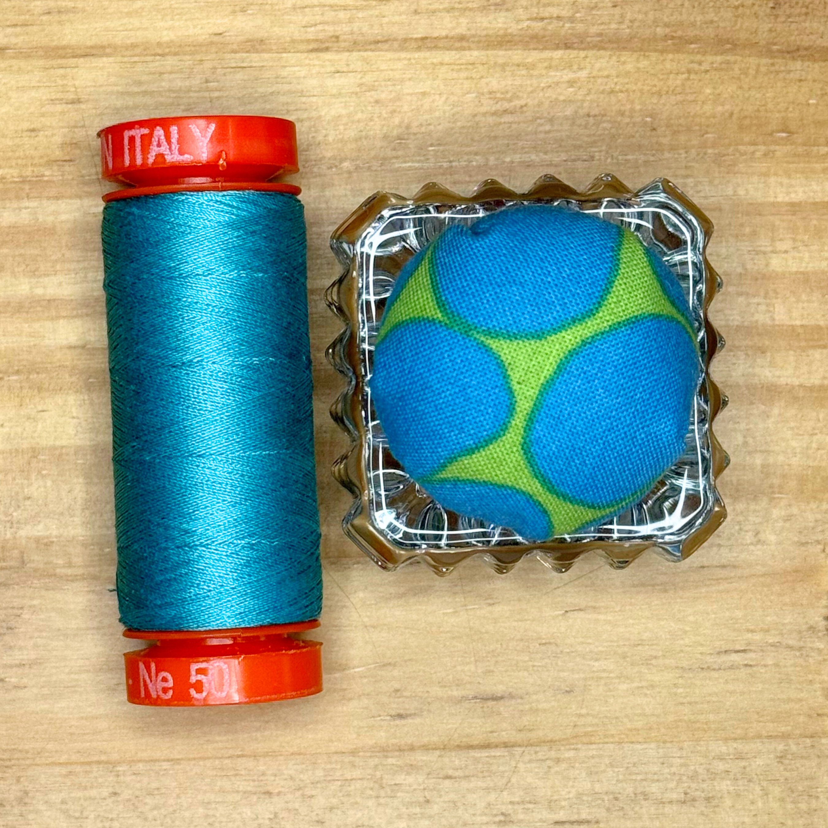 Jumble Blue/Green Dots Pincushion in Clear Square