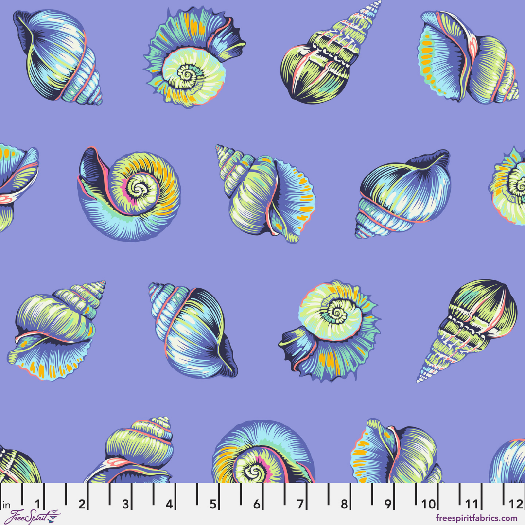 Colorful shell pattern on a purple background with a fabric swatch at the bottom.