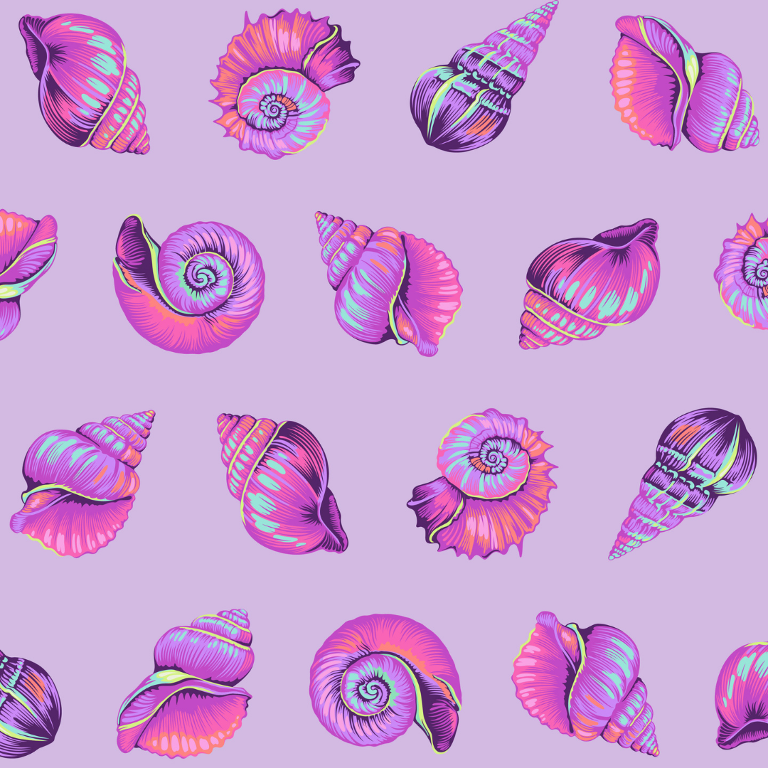 Pattern of colorful seashells on a purple background