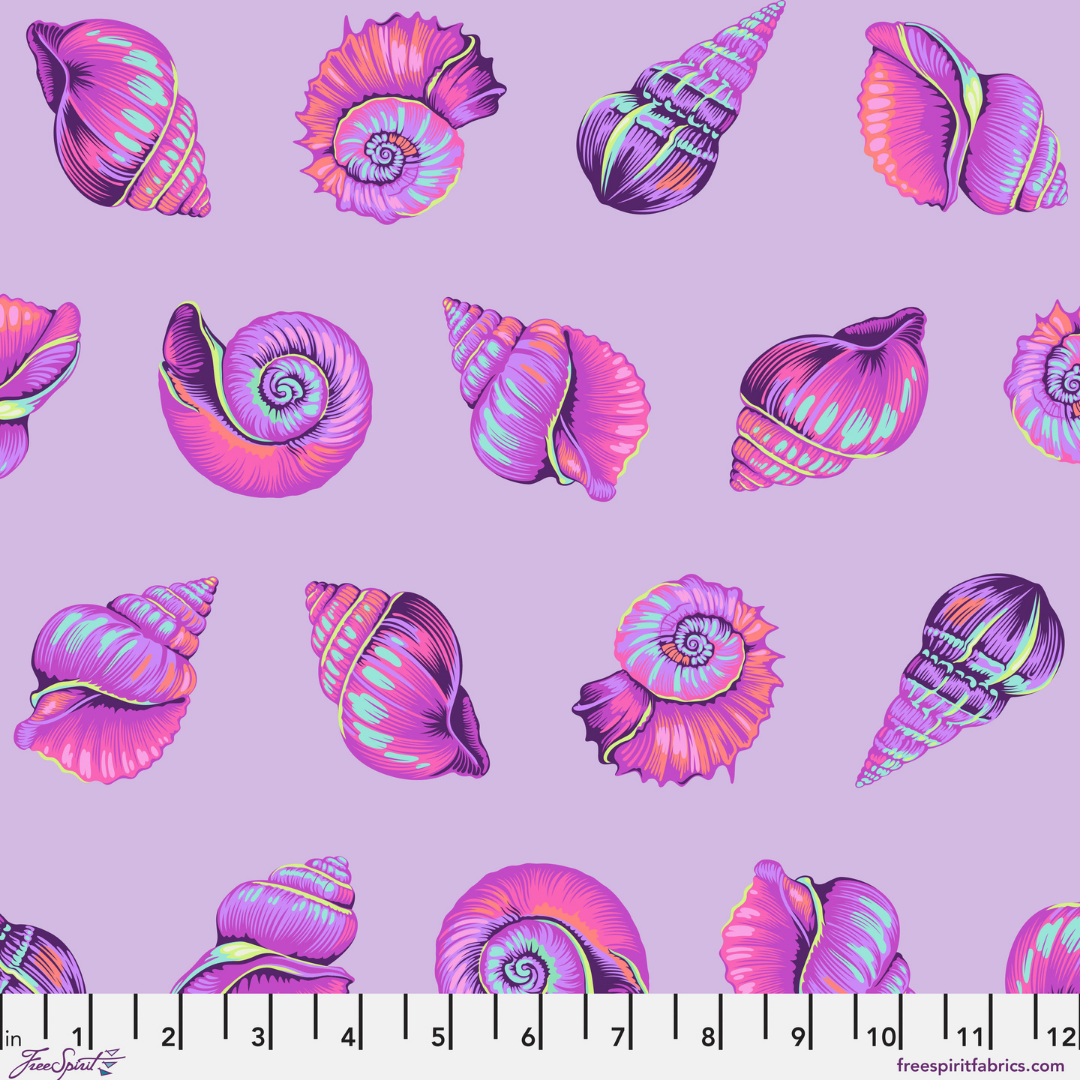 Colorful seashells pattern on a purple background