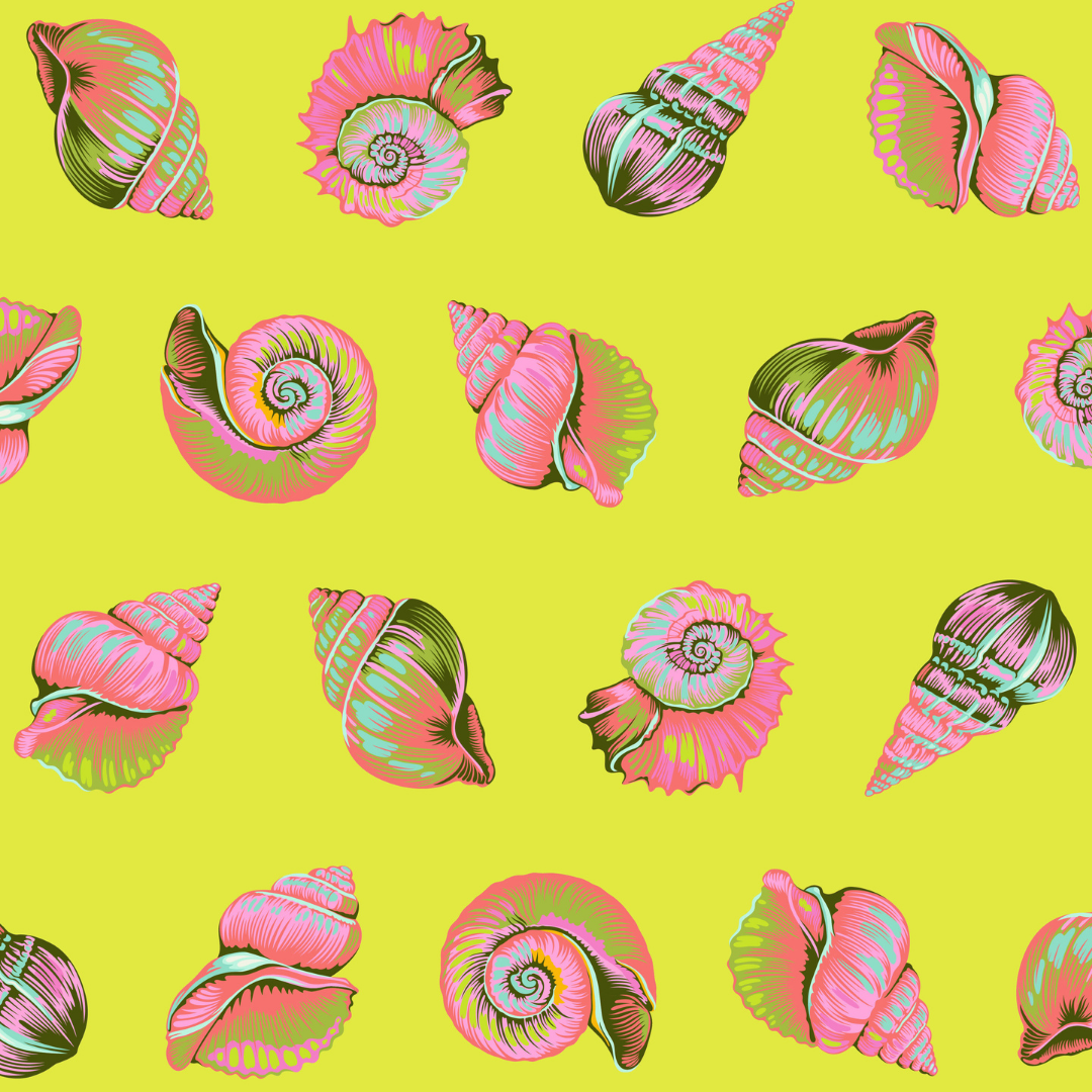 Pattern of colorful seashells on a yellow background