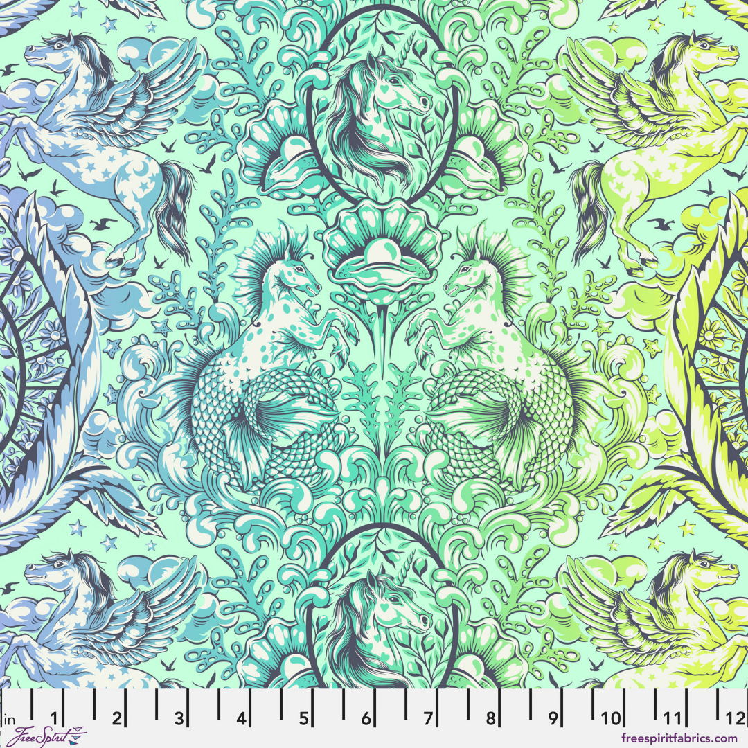 Fabric pattern with mermaids, dragons, and horses on a green background