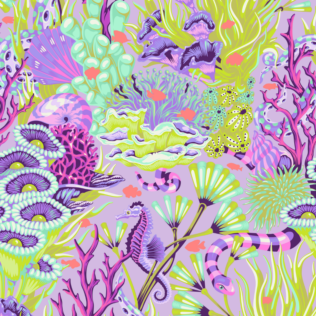 Colorful underwater scene with corals, seahorses, and fish on a purple background