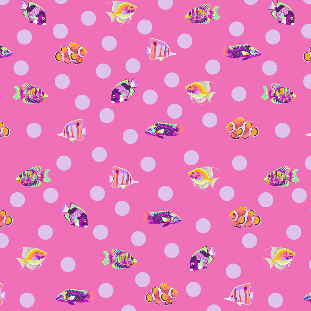 colorful fish on a pink ground with white dots