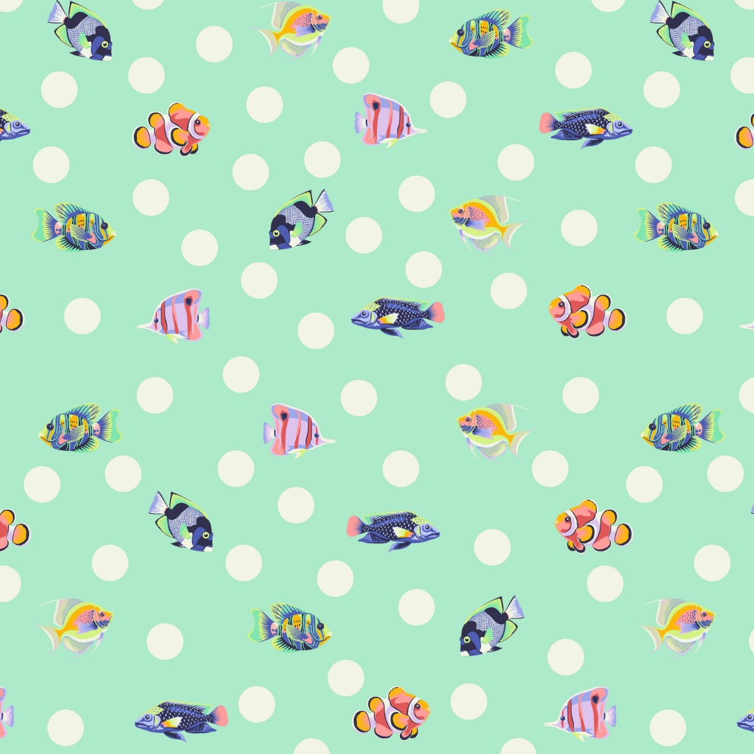 colorful fish on a mint ground with white dots