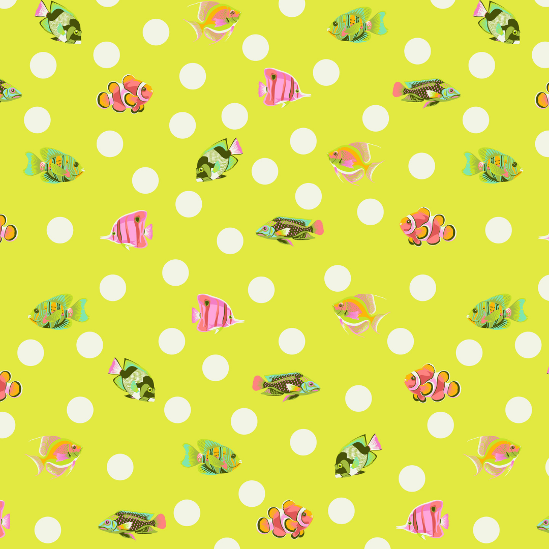colorful fish on a citron ground with white dots