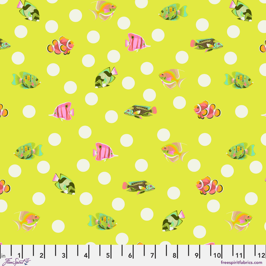 colorful fish on a citron ground with white dots