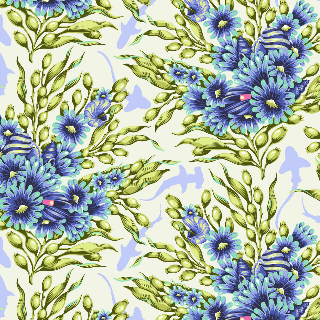 Pattern of blue flowers and green leaves on a light background