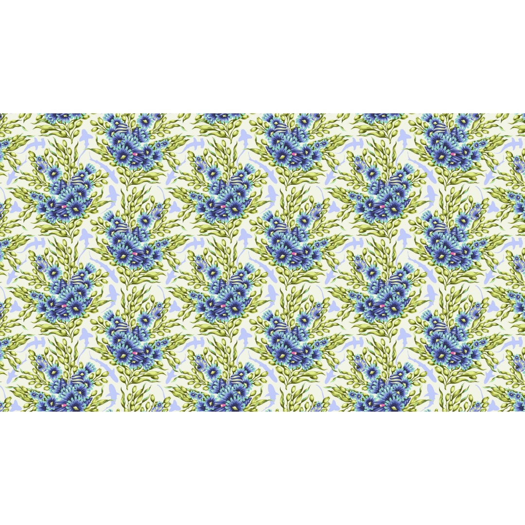 Pattern of blue flowers with green leaves on a white background