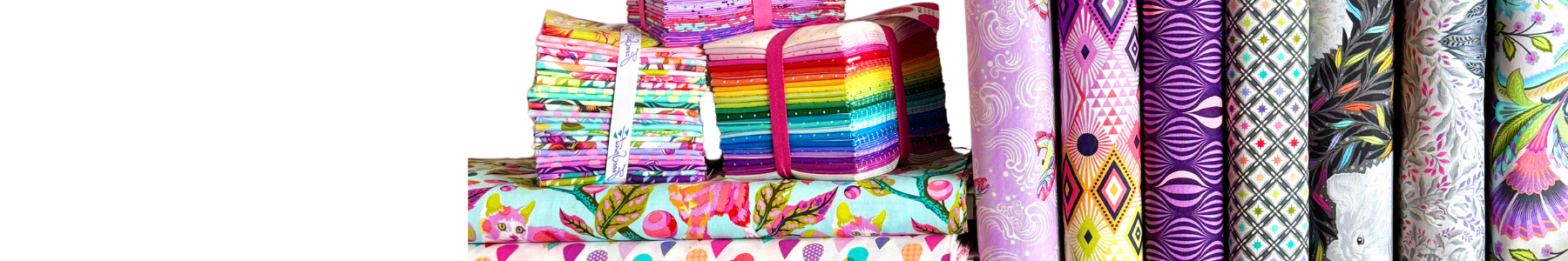 Collection of colorful fabric swatches arranged in a row.