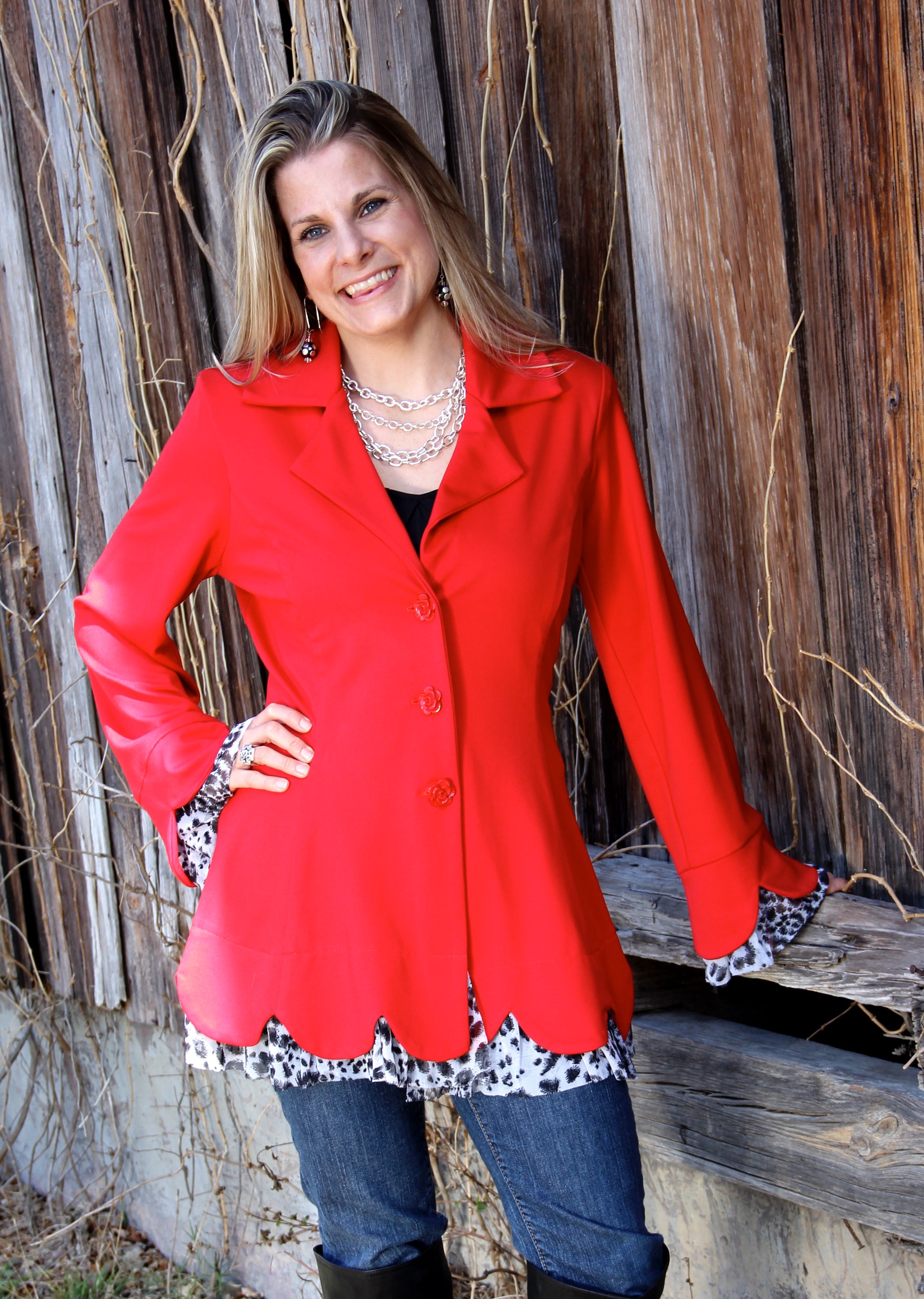 Knit Scallop Jacket - Front, in Red color